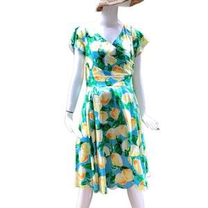 Lady Voluptuous Cotton Blend Yellow, Green Blue Floral Dress EU size 18, US XL